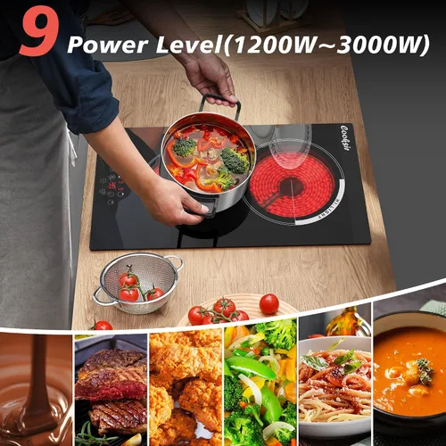 Miniatura 2 de Cocina eléctrica de 2 quemadores, 12 pulgadas, 3000 W, estufa eléctrica de cerámica de doble quemador con 9 niveles de potencia, bloqueo