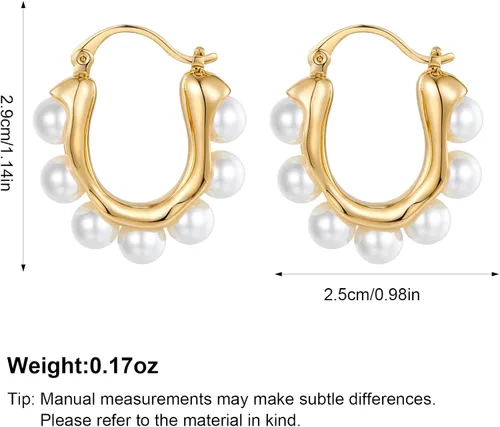Miniatura 6 de Aretes de aro de perlas para mujer, chapados en oro de 14 quilates, aretes de perlas ligeras de perlas blancas, aretes gruesos