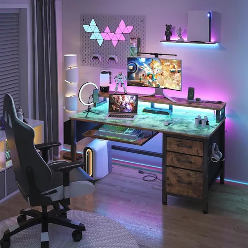 Miniatura 2 de Lufeiya Escritorio para juegos con luces LED y tomas de corriente, escritorios de oficina en casa de 47 pulgadas con bandeja para teclado