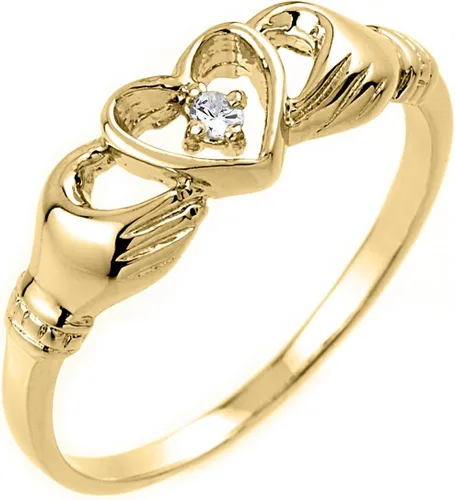 Claddagh Anillos de oro amarillo de 14 quilates con diamante solitario de corazón abierto (color J-K, claridad I1-I2), tamaño 6, Amarillo, oro,
