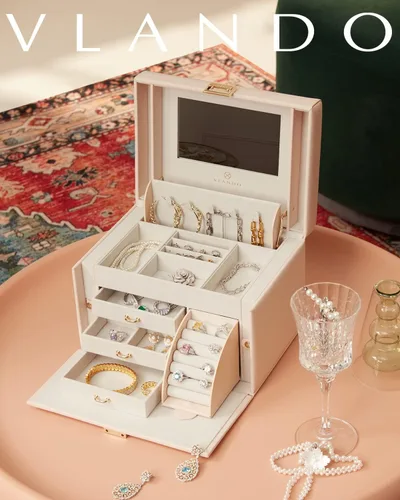 Miniatura 6 de Vlando Joyero de piel sintética, organizador mediano de joyería, regalo vintage para mujer, patrón de cruz rosa