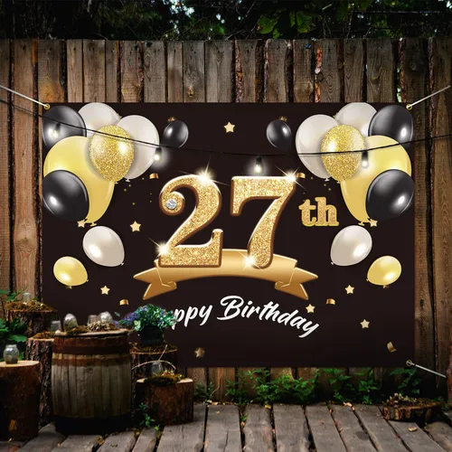 Miniatura 5 de Telón de fondo de pancarta de feliz cumpleaños 27 – Suministros de decoración de fiesta de cumpleaños 27 para hombres y él – Negro dorado 4 x 6 pies