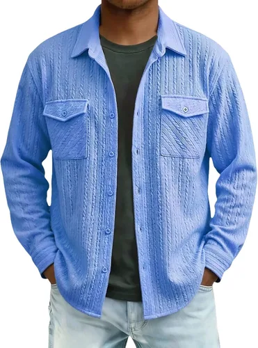 Miniatura 28 de Camisas con botones para hombre, casual, de manga larga, con cuello jacquard, texturizada, ligera, sobrecamisa, sobrecamisa