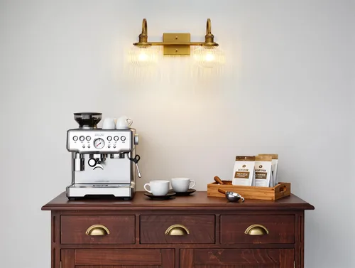 Miniatura 7 de Aplique de pared de vidrio de 2 luces con pantalla de globo a rayas transparentes, lámpara de pared de latón envejecido industrial para sala