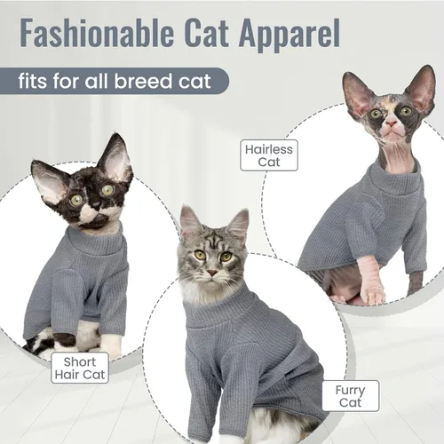 Miniatura 2 de DENTRUN Sphynx Camisas para Gatos Sin Pelo Suéter Pullover Camisetas para Gatitos, Ropa para Gatos Transpirable Suéter de Cuello Alto Adorable Ropa