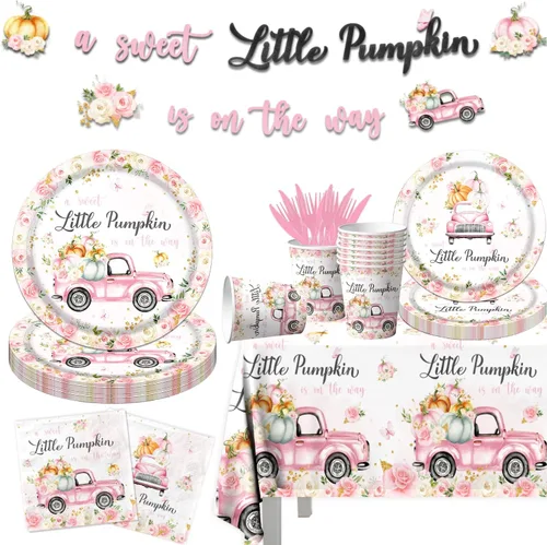 Decoraciones de Vajilla para Fiesta de Baby Shower Little Pumpkin, 142 Piezas Una Dulce Calabacita Está en Camino Niña Rosa Floral Camión Mantel