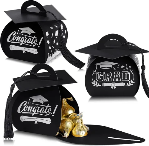 TaoBary 30 cajas de dulces con tapa de graduación 2026, cajas de graduación de graduación, regalos de fiesta con borlas centros de mesa para Negro
