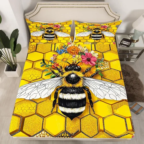 Miniatura 15 de Juego de ropa de cama de nido de abeja, sábana bajera ajustable de abeja para niños y niñas, diseño geométrico de vida silvestre voladora, juego