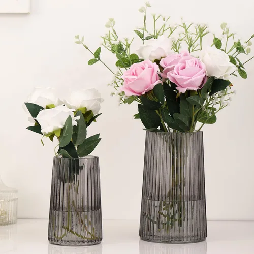 Miniatura 38 de Jarrón de vidrio ámbar para flores, florero para ramo, jarrones de vidrio modernos, jarrones acanalados para sala de estar, dormitorio, mesa