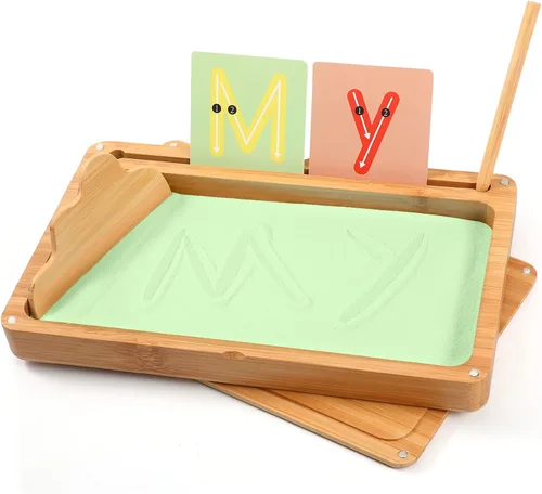 Miniatura 11 de AtMini Bandeja de arena para aula, bandeja de arena Montessori con tapa, bandejas de arena de madera para niños, letras y números (azul)
