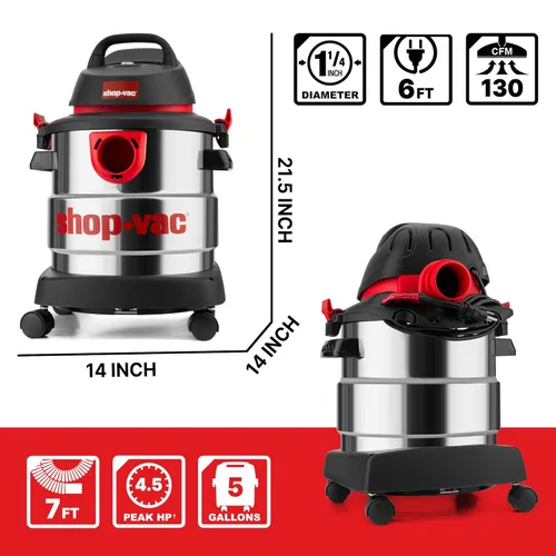 Miniatura 3 de Shop-Vac 5989300 aspiradora en húmedo y en seco de 5 galones, 4.5 HP, de acero inoxidable, negra