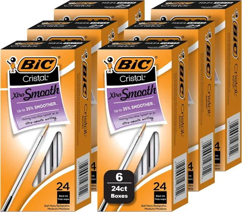 BIC Cristal Xtra Smooth - Bolígrafos negros, punta media (0.039 pulgadas), paquete de 144 unidades, bolígrafos extra suaves y fiables