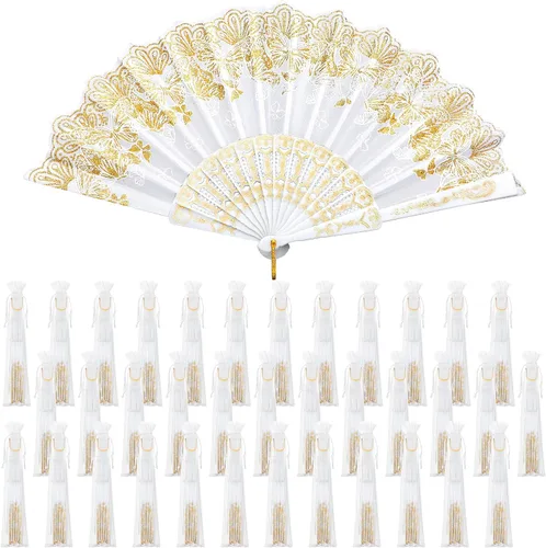 Miniatura 9 de Geelin - 50 piezas de abanicos de encaje plegables de mano para mujeres con bolsa de organza, abanicos europeos retro de encaje plegados para novia