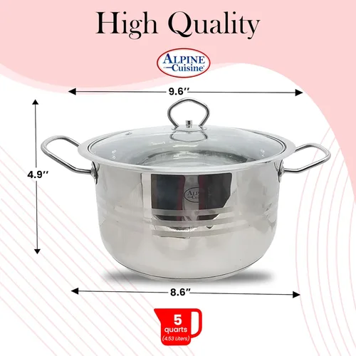 Miniatura 3 de Alpine Cuisine Horno holandés de acero inoxidable con tapa, 5 cuartos de galón y mango fácil de enfriar, acero inoxidable de grado alimenticio