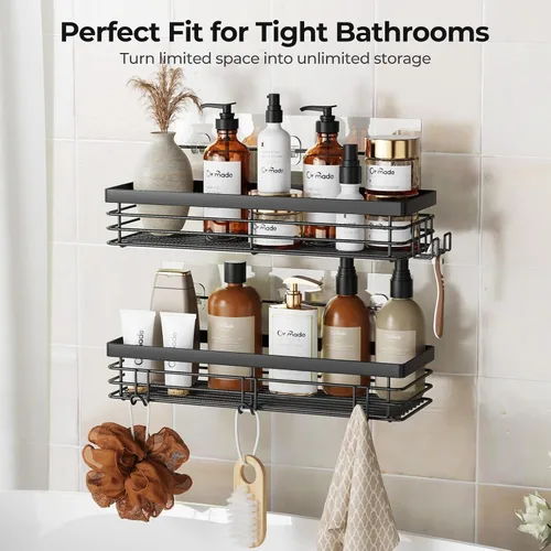 Miniatura 9 de Orimade Organizador de ducha con 5 ganchos para colgar maquinilla de afeitar y esponja, estante de ducha adhesivo, cesta de almacenamiento de baño