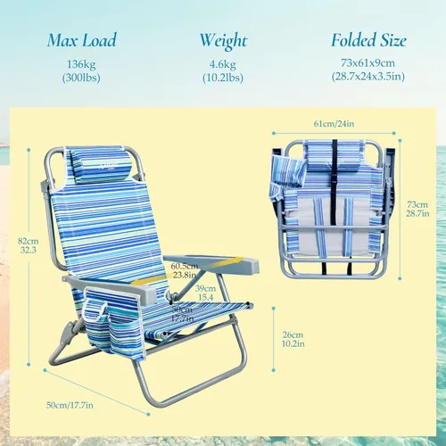 Miniatura 3 de Beach Chairs for Adults, Portable Folding Backpack Beach Chair Heavy Duty 5-Position Lay Flat with Cooler Bag, Cup Holder for