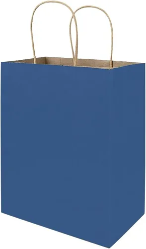 bagmad Paquete de 100 bolsas de papel de regalo azules medianas de 8 x 4.75 x 10 pulgadas con asas, bolsas de papel de estraza a granel, bolsas de