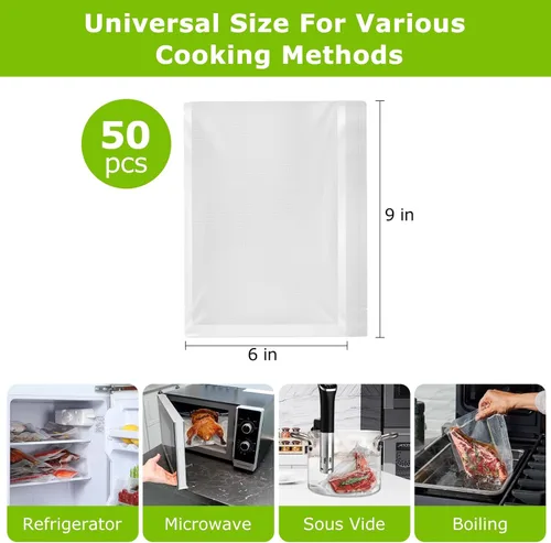 Miniatura 2 de Bonsenkitchen Bolsas selladoras al vacío precortadas, 50 bolsas selladoras de alimentos de 6" x 9" tamaño pinta, grado alimenticio, sin BPA