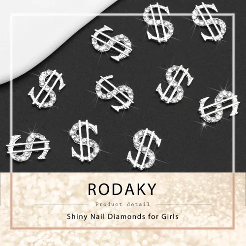 Miniatura 5 de RODAKY 10 dijes de uñas de dólares plateados 3D, dijes brillantes para uñas, joyas de uñas de lujo, diamantes de imitación para uñas acrílicas