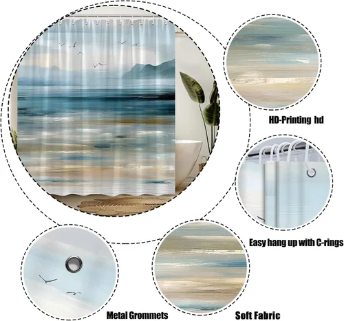 Miniatura 4 de Cortina de ducha abstracta de playa, océano, olas de mar, montaña, naturaleza, paisaje, pintura al óleo, cortina de decoración de baño con ganchos