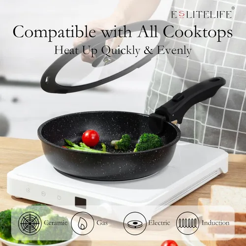 Miniatura 6 de ESLITE LIFE Juego de sartenes antiadherentes de cerámica con tapas y mango desmontable, sartenes de cocina no tóxicas para tortilla de huevo, Negro