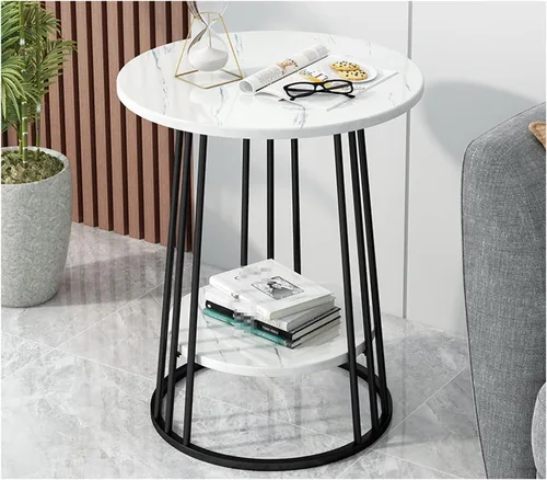 Mesa de Centro 2 Tier Round Coffee Table, Creative Marble Pattern & Sturdy Metal e, Nordic Simple Small Side Table for Living Room, Balcony, Bedroom
