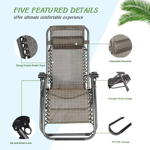 Miniatura 5 de Juego de 2 sillas ajustables de gravedad cero, Textilene plegable para exteriores con almohada extraíble, reclinables portátiles y livianas para Gris
