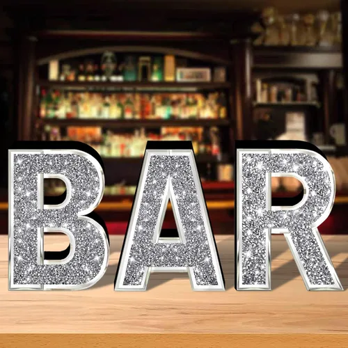 Miniatura 2 de ZOLAPI 3 piezas Letras Independientes BAR. Letras de Cristal Diamante Glamorosas. Vidrio Espejo Plateado Decoración del Hogar para Pared, Cocina