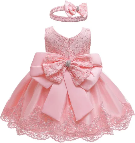 LZH - Vestido para niñas bebé con volante, encaje, espalda descubierta y lazo - Incluye accesorio para la cabeza - Vestido con flores para desfile,