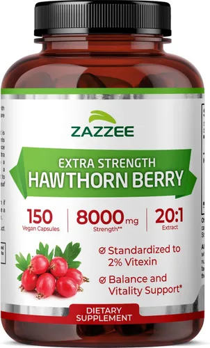 Zazzee - Extracto de baya de espino blanco extrafuerte 20:1, 8000 mg de fuerza, 2% de vitexina, 150 cápsulas veganas, suministro para 5 meses,