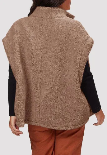 Miniatura 10 de Hongqizo - Chaleco de forro polar mullido para mujer, casual, de gran tamaño, cálido, con botones, chaqueta de sherpa con bolsillos