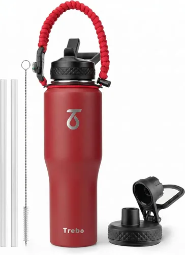 Miniatura 18 de Trebo Botella de agua de 40 onzas con aislamiento que cabe en portavasos de automóvil con asa, botellas de agua de acero inoxidable vaso con tapas
