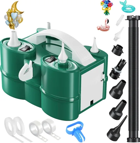3-in-1 Electric Balloon Pump, Portable Air Pump for Latex 260q Foil Balloons, Dual Nozzle Balloon Blower Machine for Party Decoration, 110V AC Verde