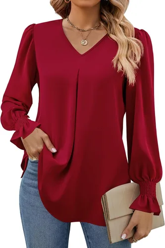 Miniatura 23 de Funlingo Blusas de mujer con mangas largas 2025, elegantes y casuales, con cuello en V, túnica suelta de gasa para el trabajo