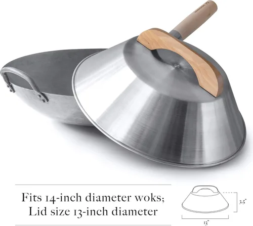 Miniatura 5 de Wok de fondo redondo con tapa, juego de wok martillado a mano, wok y wok de acero al carbono de 14