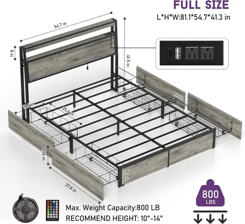 Miniatura 2 de Full Bed Frame with 2-Tier Storage Headboard and 4 Drawers, Metal Platform Bed Frame with LED & Charging Station, No Box Spring Needed/Noise