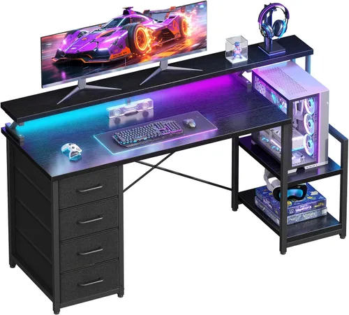 ODK Escritorio para computadora de 55 pulgadas con 4 cajones, escritorio de oficina con luces LED y estantes de almacenamiento, mesa de estudio Negro