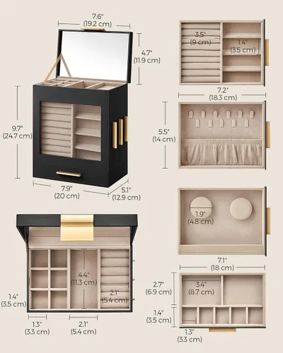 Miniatura 6 de SONGMICS Joyero con ventana de cristal, organizador de joyas de 5 capas con 3 cajones laterales, almacenamiento de joyas, con espejo grande