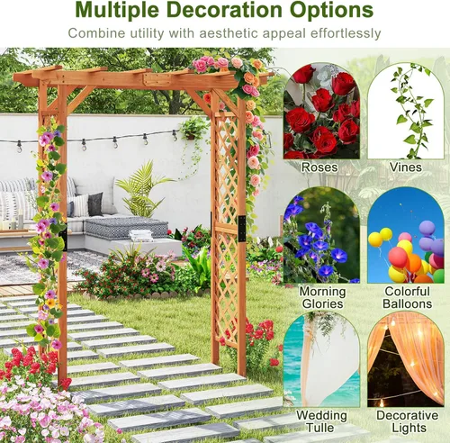 Miniatura 8 de Giantex Enrejado de madera para jardín de 7 pies, arco de boda para patio al aire libre, cumpleaños, fiesta nupcial, decoración de graduación