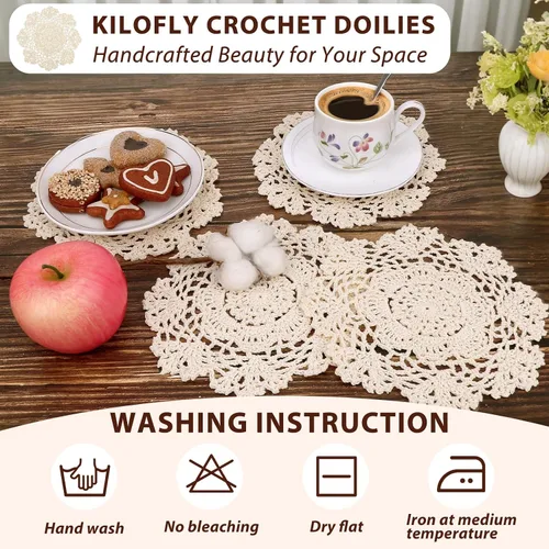 Miniatura 6 de kilofly Juego de manteles individuales de encaje de algodón de ganchillo, 4 unidades, beige, floral, 7 pulgadas
