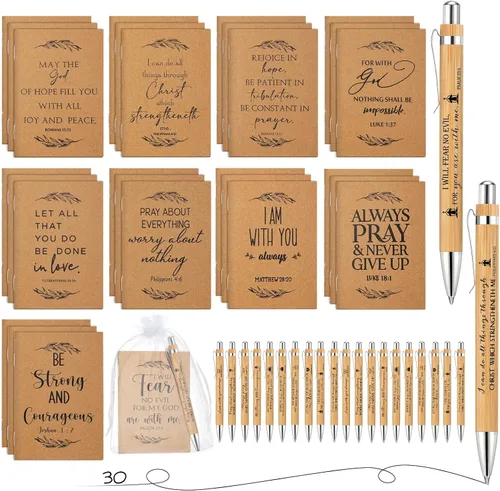 Jutom Juego de 30 bolígrafos retráctiles de bambú para el Día del Padre, regalos cristianos y cuadernos de papel kraft con versículos bíblicos,