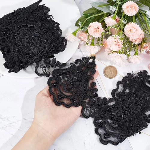 Miniatura 3 de GORGECRAFT 3 yardas y 5 pulgadas de encaje negro Venecia bordado inelástico bordado festoneado cinta de flores bordadas de cuentas patrón de ondas