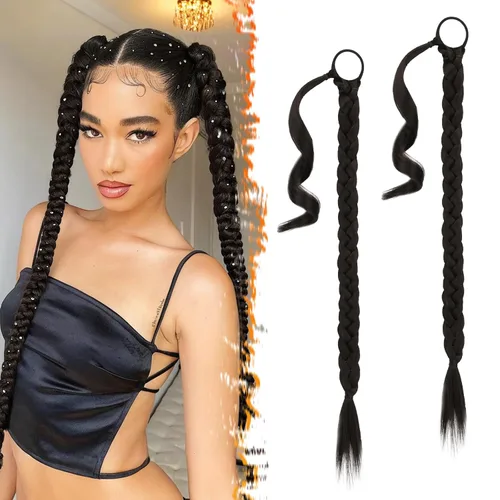 Miniatura 19 de Barsdar Extensión de 26 Pulgadas de Cola de Caballo Trenzada Larga con Banda Elástica - Extensiones de Cabello en Cola de Caballo Recta y Elegante