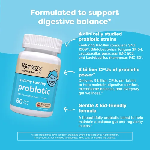 Miniatura 3 de Probióticos de Renzo para niños, probióticos solubles para la salud digestiva y el apoyo inmunológico, 60 pastillas derretidas con sabor a cereza