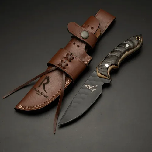 Miniatura 9 de Cuchillo de hoja fija – Cuchillo de caza de 9" recubierto en negro con punta de gota con funda de cuero - Espiga completa de acero al carbono