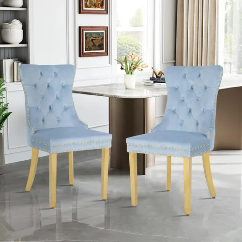 Miniatura 18 de Juego de 2 sillas de comedor de terciopelo, sillas de comedor modernas de lujo con patas de acero inoxidable doradas, sillas decorativas de cocina