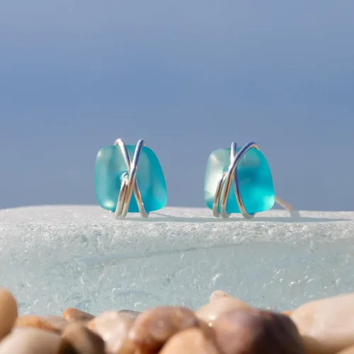 Miniatura 2 de Aretes de Cristal de Mar S990 Plata Esterlina Hipoalergénicos Hechos a Mano con Poste Aretes de Cristal de Playa Joyería Artesanal de Declaración