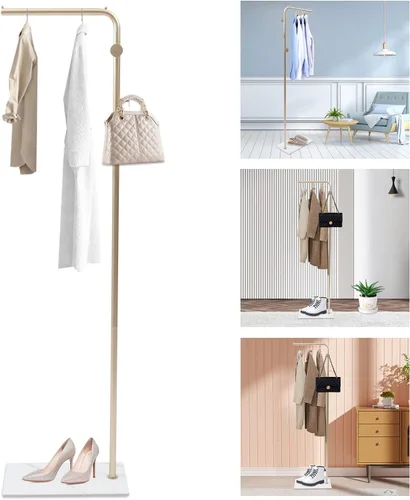 Miniatura 3 de Perchero para ropa de 67 pulgadas con base de almacenamiento y ganchos, perchero resistente para colgar ropa, bolsos, sombreros y zapatos para Dorado