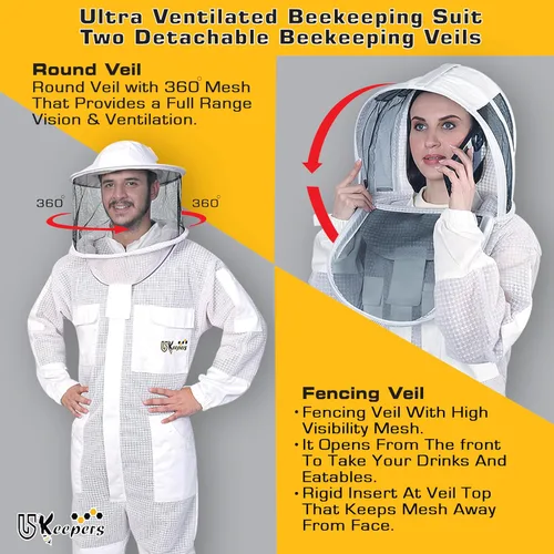 Miniatura 2 de Traje de abeja ultra ventilado de 3 capas para hombres y mujeres, traje de apicultura prémium con guantes de abeja y dos velos de apicultura Blanco