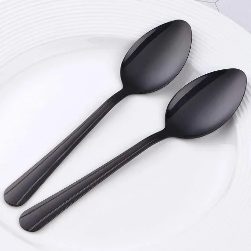 Miniatura 7 de MINGYU Juego de 12 cucharas de acero inoxidable, elegantes cucharas de sopa negras, cucharas de mesa de 7 pulgadas, cucharas de titanio